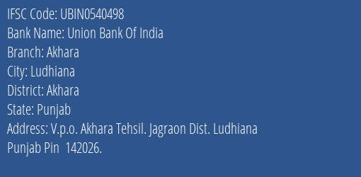 Union Bank Of India Akhara Branch Akhara IFSC Code UBIN0540498