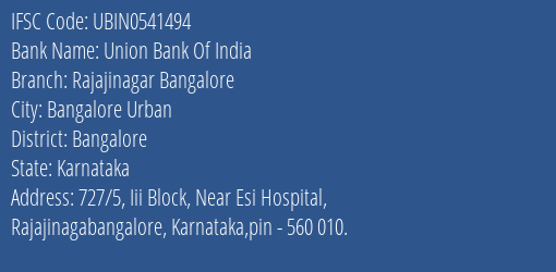 Union Bank Of India Rajajinagar Bangalore Branch Bangalore IFSC Code UBIN0541494