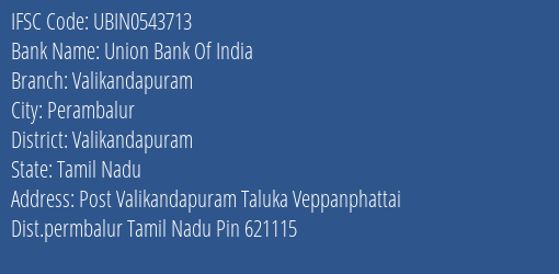 Union Bank Of India Valikandapuram Branch Valikandapuram IFSC Code UBIN0543713
