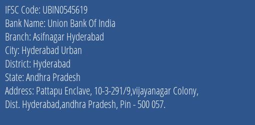 Union Bank Of India Asifnagar Hyderabad Branch, Branch Code 545619 & IFSC Code UBIN0545619
