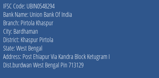Union Bank Of India Pirtola Khaspur Branch Khaspur Pirtola IFSC Code UBIN0548294