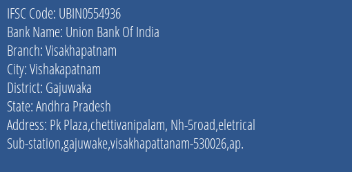 Union Bank Of India Visakhapatnam Branch, Branch Code 554936 & IFSC Code Ubin0554936