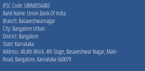 Union Bank Of India Basaveshwarnagar Branch Bangalore IFSC Code UBIN0556483