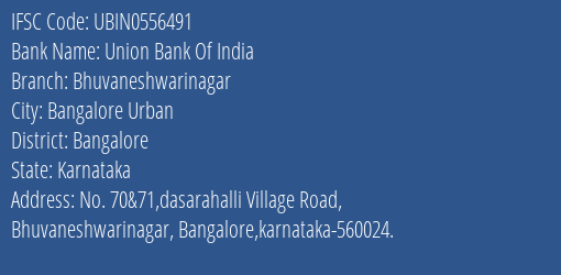 Union Bank Of India Bhuvaneshwarinagar Branch Bangalore IFSC Code UBIN0556491