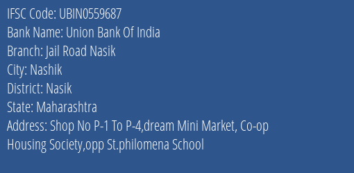 Union Bank Of India Jail Road Nasik Branch, Branch Code 559687 & IFSC Code Ubin0559687