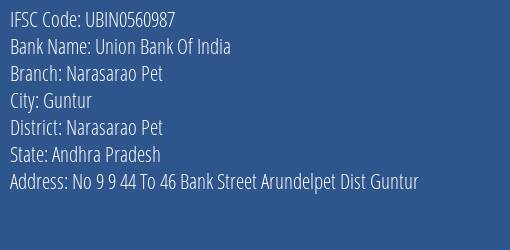 Union Bank Of India Narasarao Pet Branch, Branch Code 560987 & IFSC Code Ubin0560987