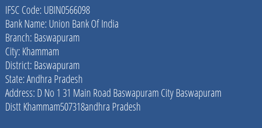 Union Bank Of India Baswapuram Branch, Branch Code 566098 & IFSC Code Ubin0566098
