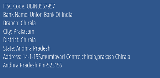 Union Bank Of India Chirala Branch, Branch Code 567957 & IFSC Code Ubin0567957