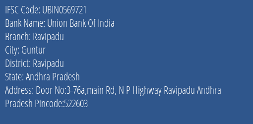 Union Bank Of India Ravipadu Branch, Branch Code 569721 & IFSC Code Ubin0569721