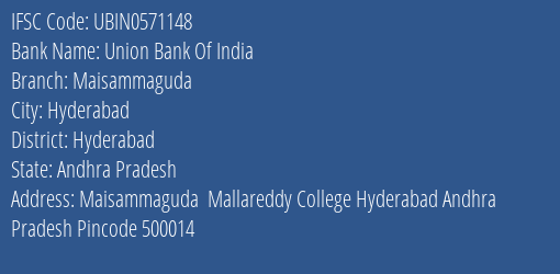 Union Bank Of India Maisammaguda Branch, Branch Code 571148 & IFSC Code Ubin0571148
