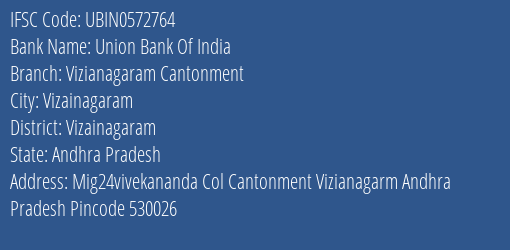 Union Bank Of India Vizianagaram Cantonment Branch, Branch Code 572764 & IFSC Code Ubin0572764