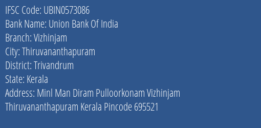 Union Bank Of India Vizhinjam Branch Trivandrum IFSC Code UBIN0573086