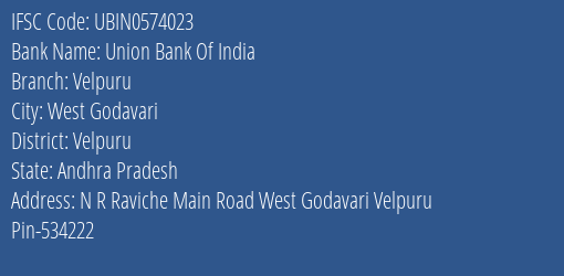 Union Bank Of India Velpuru Branch, Branch Code 574023 & IFSC Code Ubin0574023