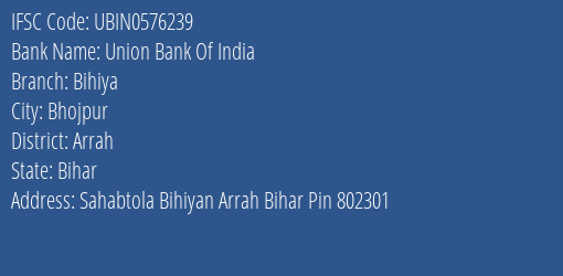 Union Bank Of India Bihiya Branch, Branch Code 576239 & IFSC Code Ubin0576239