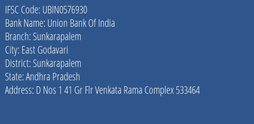 Union Bank Of India Sunkarapalem Branch, Branch Code 576930 & IFSC Code Ubin0576930