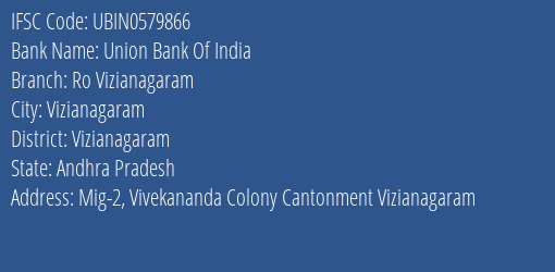 Union Bank Of India Ro Vizianagaram Branch, Branch Code 579866 & IFSC Code Ubin0579866