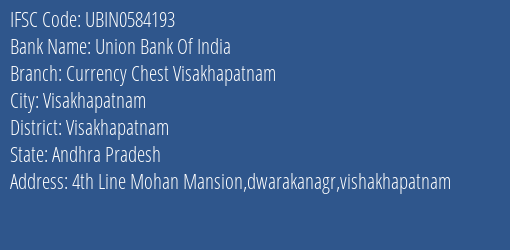 Union Bank Of India Currency Chest Visakhapatnam Branch, Branch Code 584193 & IFSC Code Ubin0584193