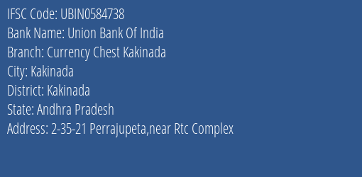 Union Bank Of India Currency Chest Kakinada Branch, Branch Code 584738 & IFSC Code Ubin0584738