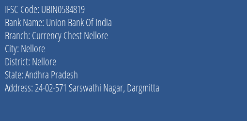 Union Bank Of India Currency Chest Nellore Branch, Branch Code 584819 & IFSC Code Ubin0584819