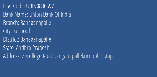 Union Bank Of India Banaganapalle Branch, Branch Code 800597 & IFSC Code Ubin0800597