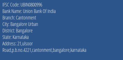 Union Bank Of India Cantonment Branch Bangalore IFSC Code UBIN0800996