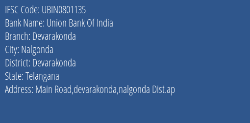 Union Bank Of India Devarakonda Branch Devarakonda IFSC Code UBIN0801135