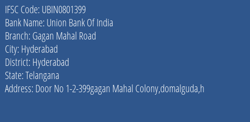 Union Bank Of India Gagan Mahal Road Branch Hyderabad IFSC Code UBIN0801399