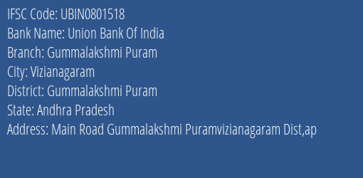 Union Bank Of India Gummalakshmi Puram Branch, Branch Code 801518 & IFSC Code Ubin0801518