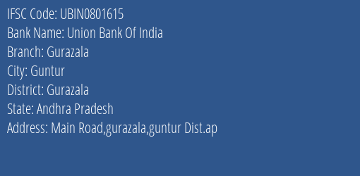 Union Bank Of India Gurazala Branch, Branch Code 801615 & IFSC Code Ubin0801615