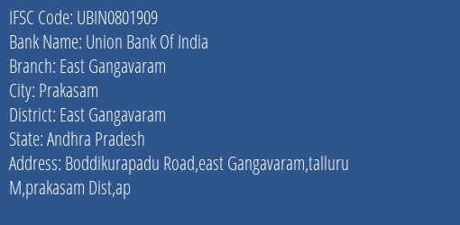 Union Bank Of India East Gangavaram Branch, Branch Code 801909 & IFSC Code Ubin0801909