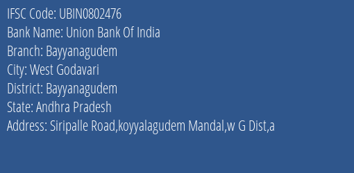 Union Bank Of India Bayyanagudem Branch, Branch Code 802476 & IFSC Code Ubin0802476