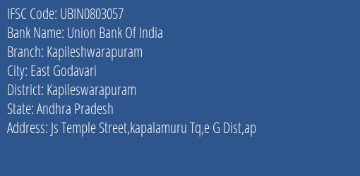 Union Bank Of India Kapileshwarapuram Branch, Branch Code 803057 & IFSC Code Ubin0803057