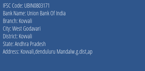 Union Bank Of India Kovvali Branch, Branch Code 803171 & IFSC Code Ubin0803171