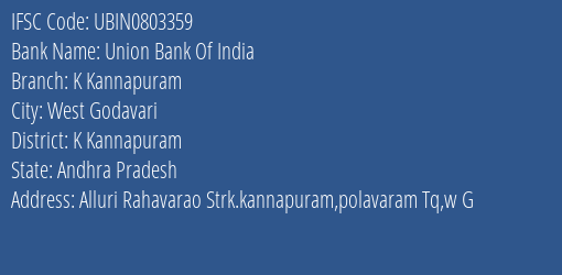 Union Bank Of India K Kannapuram Branch, Branch Code 803359 & IFSC Code Ubin0803359