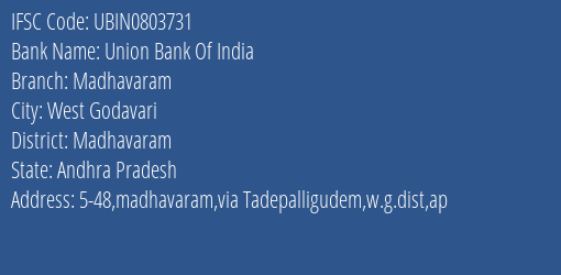 Union Bank Of India Madhavaram Branch, Branch Code 803731 & IFSC Code Ubin0803731