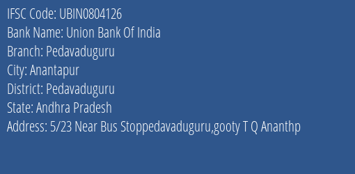 Union Bank Of India Pedavaduguru Branch, Branch Code 804126 & IFSC Code Ubin0804126