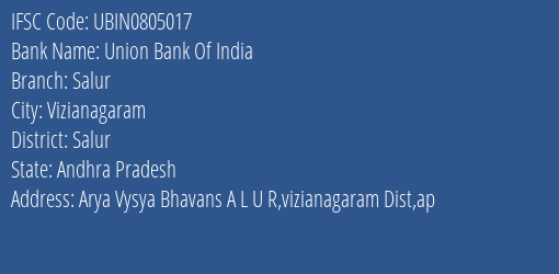 Union Bank Of India Salur Branch, Branch Code 805017 & IFSC Code Ubin0805017