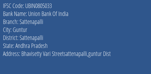 Union Bank Of India Sattenapalli Branch, Branch Code 805033 & IFSC Code Ubin0805033
