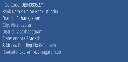 Union Bank Of India Sithanagaram Branch, Branch Code 805271 & IFSC Code Ubin0805271