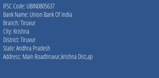 Union Bank Of India Tiruvur Branch, Branch Code 805637 & IFSC Code Ubin0805637