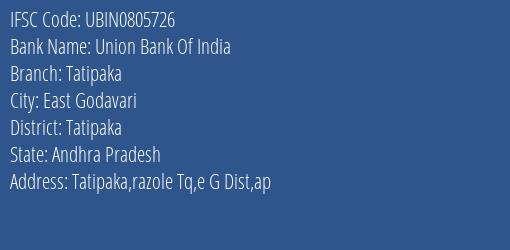 Union Bank Of India Tatipaka Branch, Branch Code 805726 & IFSC Code Ubin0805726