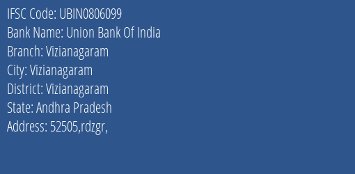 Union Bank Of India Vizianagaram Branch, Branch Code 806099 & IFSC Code Ubin0806099