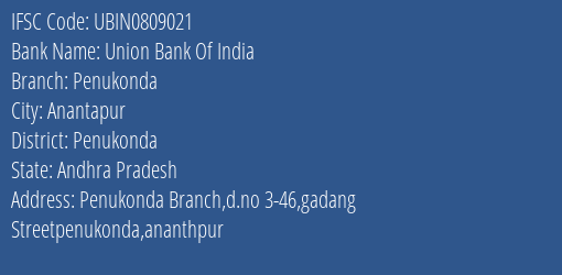 Union Bank Of India Penukonda Branch, Branch Code 809021 & IFSC Code Ubin0809021