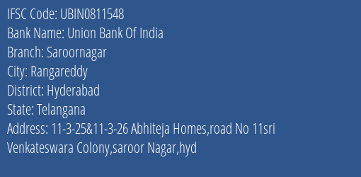 Union Bank Of India Saroornagar Branch Hyderabad IFSC Code UBIN0811548