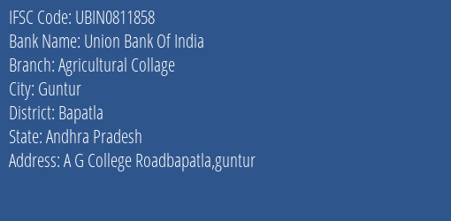 Union Bank Of India Agricultural Collage Branch, Branch Code 811858 & IFSC Code Ubin0811858