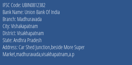 Union Bank Of India Madhuravada Branch, Branch Code 812382 & IFSC Code Ubin0812382