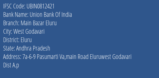 Union Bank Of India Main Bazar Eluru Branch, Branch Code 812421 & IFSC Code Ubin0812421