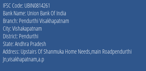 Union Bank Of India Pendurthi Visakhapatnam Branch, Branch Code 814261 & IFSC Code Ubin0814261