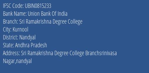 Union Bank Of India Sri Ramakrishna Degree College Branch, Branch Code 815233 & IFSC Code Ubin0815233