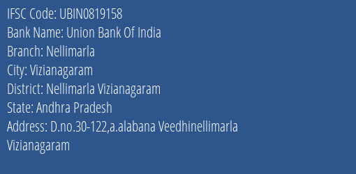 Union Bank Of India Nellimarla Branch, Branch Code 819158 & IFSC Code Ubin0819158